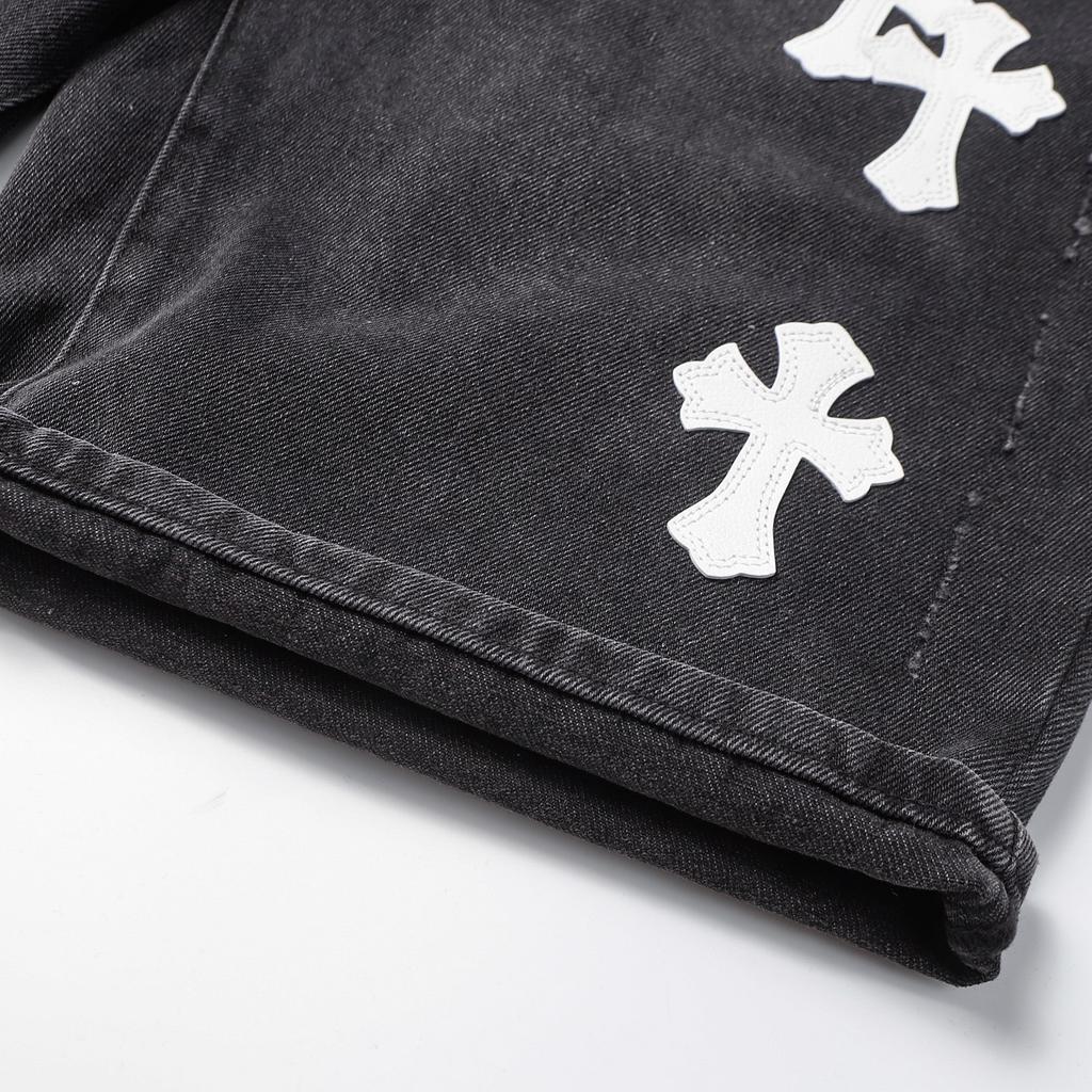 CHROME HEARTS Herren Schwarze Denim Shorts mit Weißen Kreuz-Aufnähern Baggy Streetwear Jorts