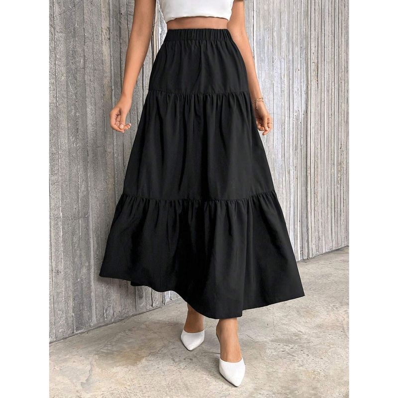 

Fashion Style Solid Skirt Women s New Design Sense Niche Style Small High Waist Slim Looking Mid Length Long Length A- line Skirt 1 Black M