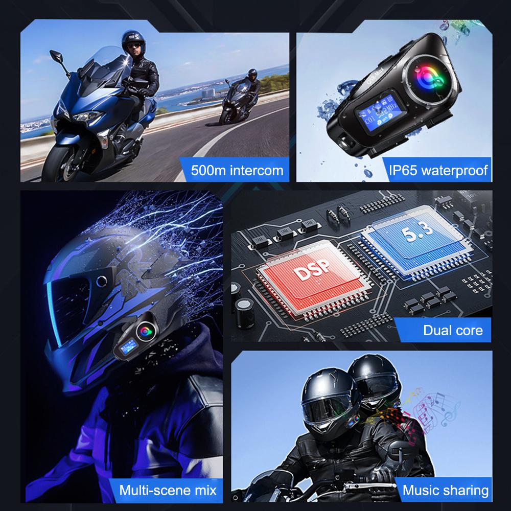 Motorcycle Helmet Bluetooth Intercom Multi-Scene Mixed Music Sharing LCD Display FM Radio For 2 Rider 500m Intercom
