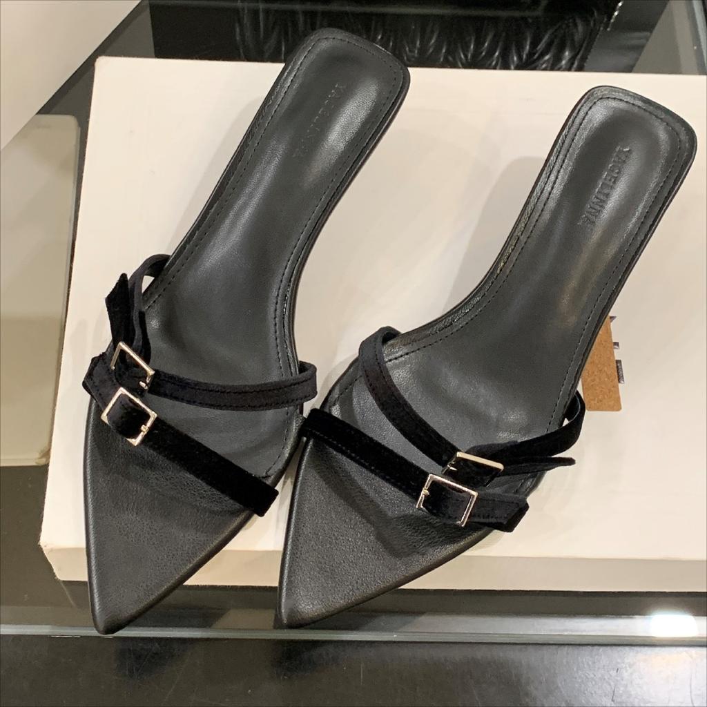 Fashion Fashion Narrow Band Buckle Design Brand Slippers Women Elegant Pointed Toe Kitten Heel Slide Sandals Comfortable Low Heel Sandal