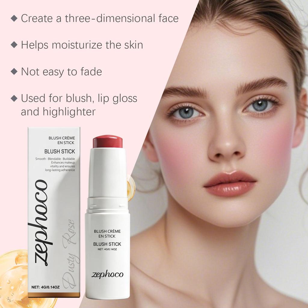 Zephoco Soft Matte Long-Lasting Blush Stick in Dusty Rose: Gentle, Moisturizing, Lightweight, Adheres Well.