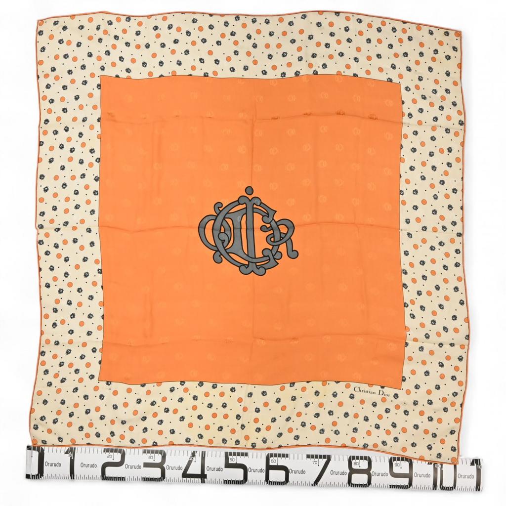 Auth DIOR Emblem Logo Scarf Large Dot Orange Di1512cc Used