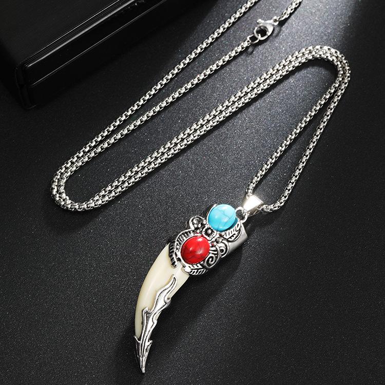 Herren Retro Wolfszahn Anhänger Halskette - Edelstahl Hip Hop Pullover Kette