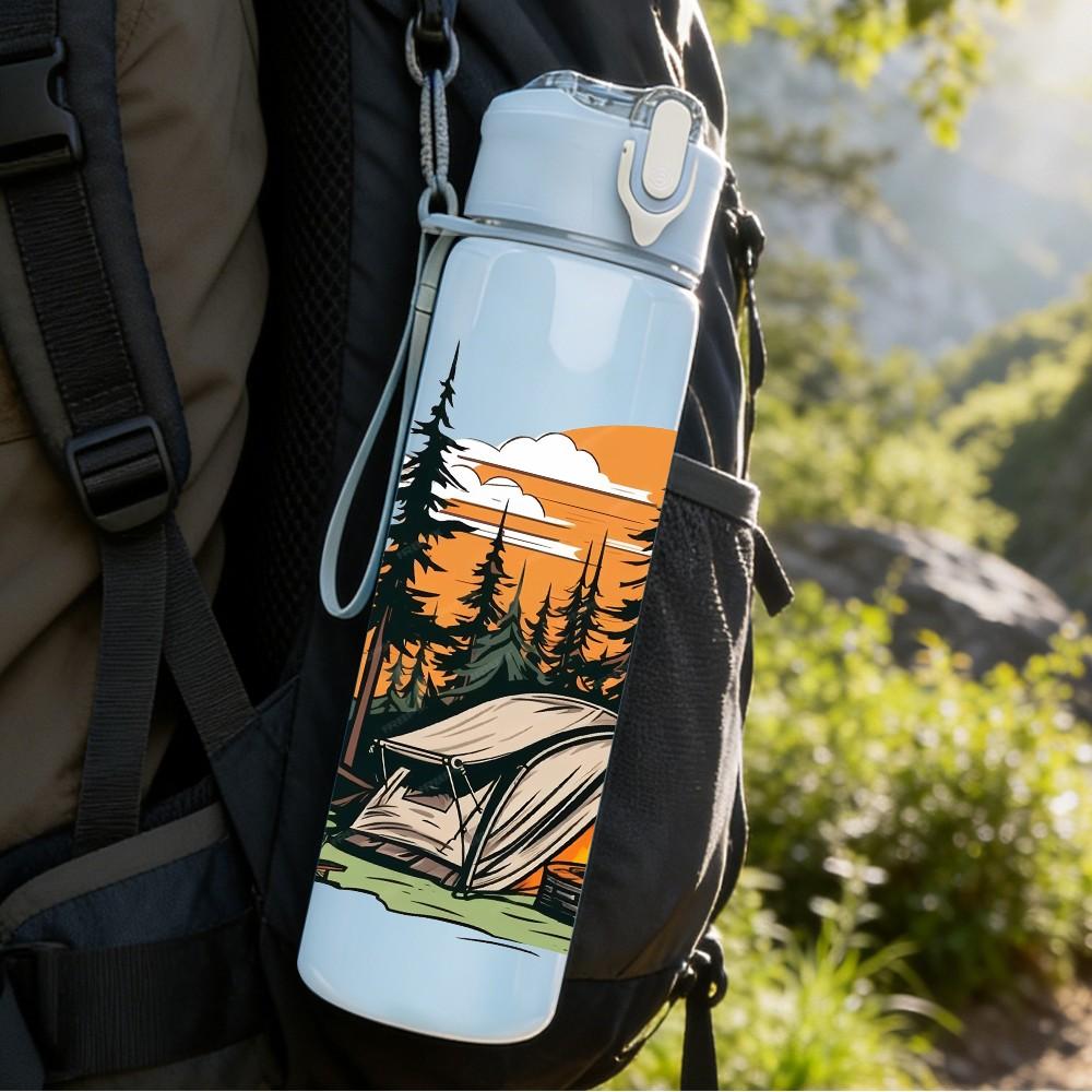 1PC Camping Tent Mountain Sunset Print 750ml Color Plastic Sports Water Bottle Leakproof Flip Straw Lid Suitable for Sports Office Home Use