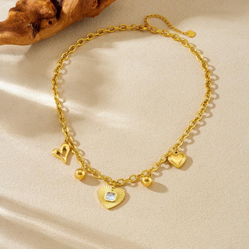 Gold Multi-charm Heart Necklace with Paperclip Chain