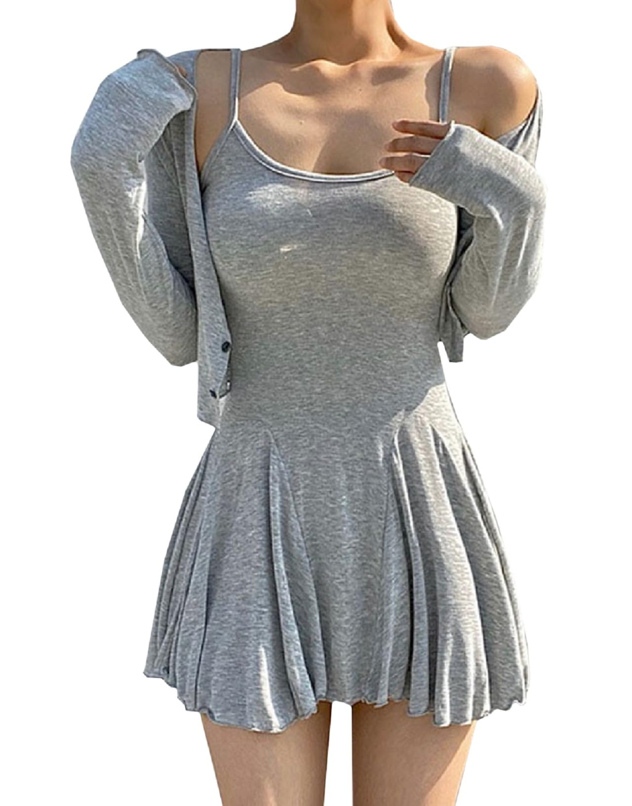 

and Cute long front tight mini flare sexy loungewear [Coco Yuka] 2-piece set, sleeves, opening, cardigan, dress, skirt, camisole, one-piece, pajamas, сірий колір