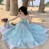 French temperament mint green neck suspender dress women's summer Sanya seaside vacation backless super fairy long dress