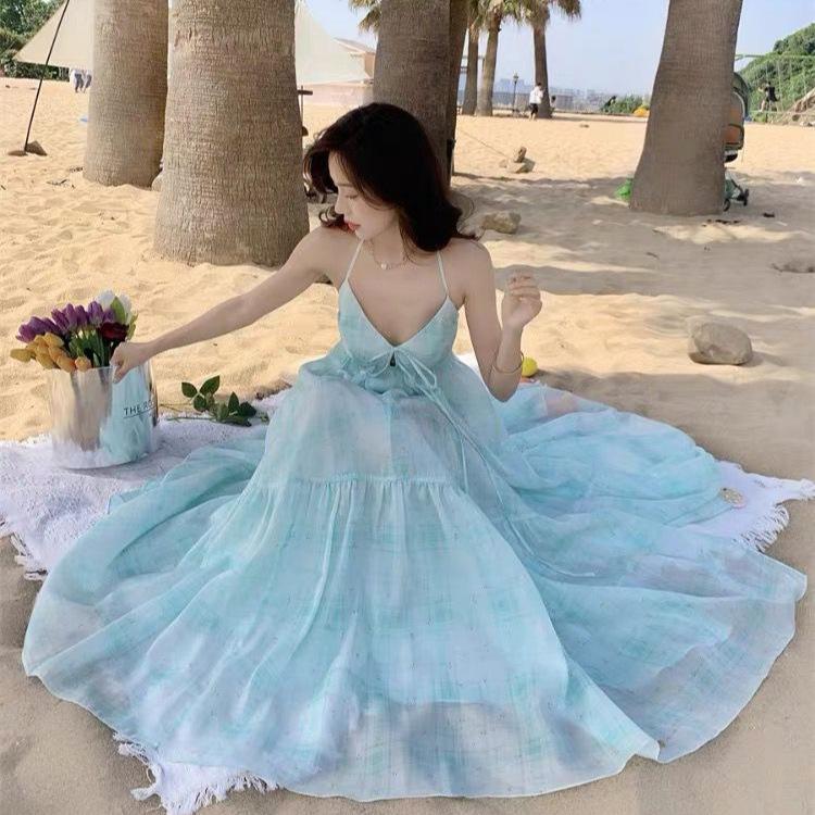 French temperament mint green neck suspender dress women's summer Sanya seaside vacation backless super fairy long dress
