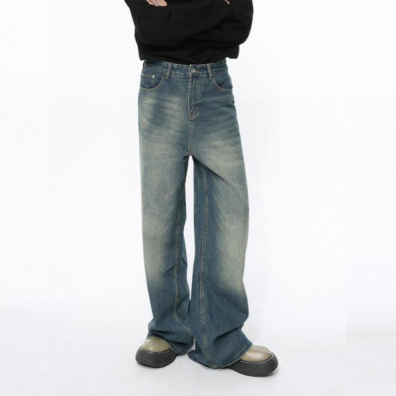 Korean-style distressed vibe design retro blue casual wide-leg straight men's jeans trendy