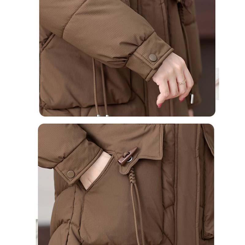 Winter Women Medium To Long Cotton Jacket Thickened Warm Casual Stand Collar Hooded Parker Coat Solid Color Warm Cotton Jacket