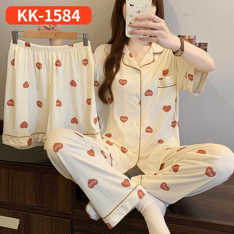 Women's Red Heart Summer Pajama Set - Short-Sleeved, Wearable Outdoors, Three Pieces