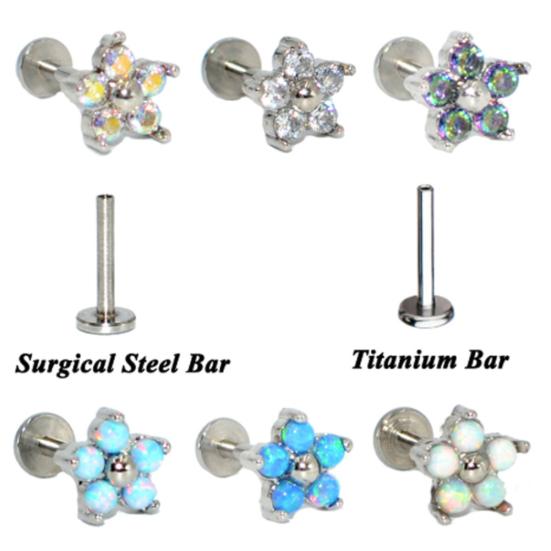 1Pc Women Titanium Steel Faux Opal Flower Labret Lip Ring Ear Stud Helix Jewelry