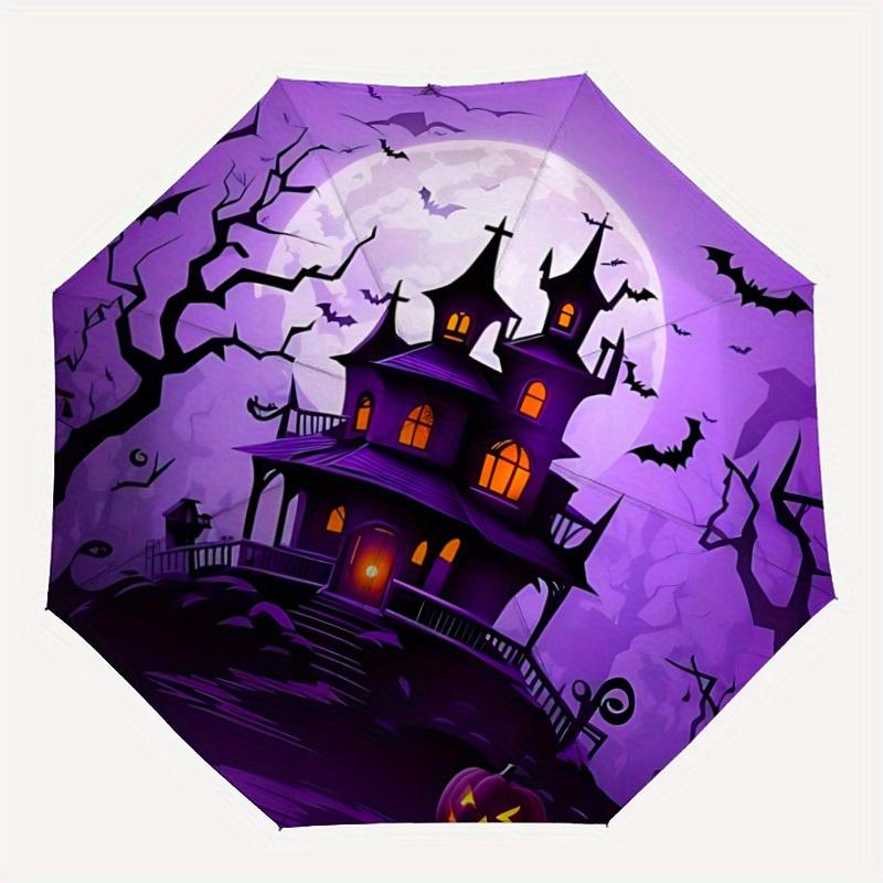 

1pc Halloween HauntedHouse Automatic Umbrella High Quality Canopy, Portable Folding Umbrella with, Ideal Gift for - Travel, Everyday, Formal