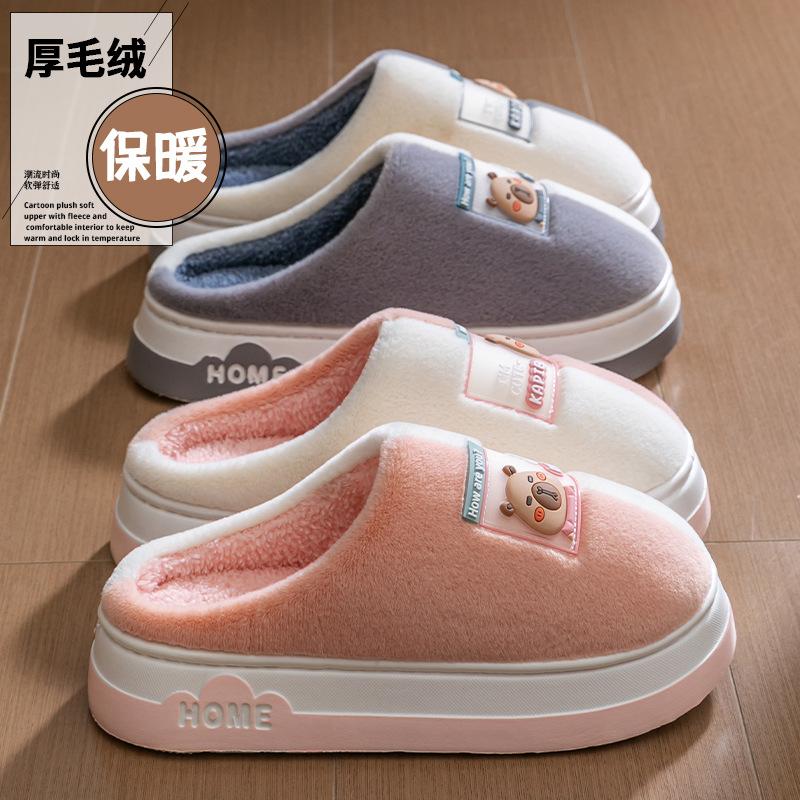 Cotton slippers two-color bottom cartoon autumn and winter home dormitory warm thick bottom velvet couple outer hair slippers