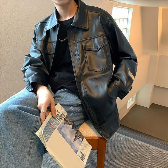 Men Faux Leather Jacket Spring Fall Turn-down Collar Breast Pocket Button Closure Long Sleeves Solid Color Black Male Casual Coat