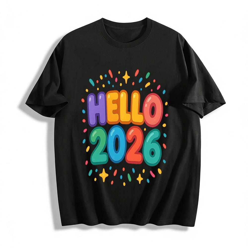 Hello 2026 New Year Themed Print Casual Versatile Top Pure cotton T-shirt XXS