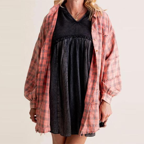 Chemise Femme Revers Manches Longues Poches à Rabat Hauts de Chemise Boutonnage Simple Bord Frangé Effet Vieilli Coupe Oversize Veste Chemise