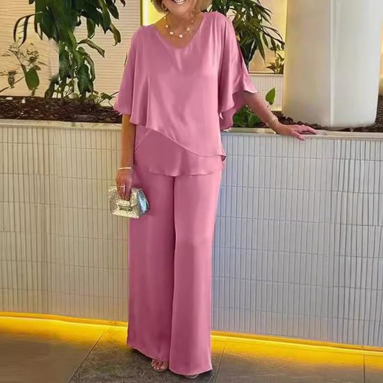Summer Two Piece Outfit with V-Neck Layered Top and Wide Leg Pants