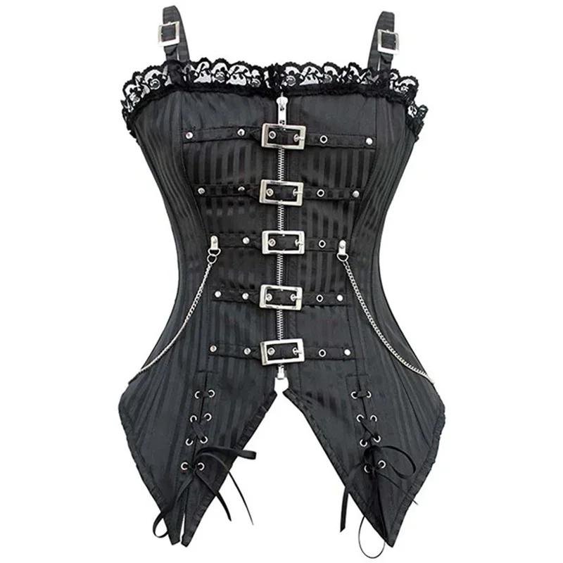 Sexy Women Gothic Corset Bustier Striped Zip Buckled Steampunk Overbust Corselet Vest Punk Rock Style Clothes