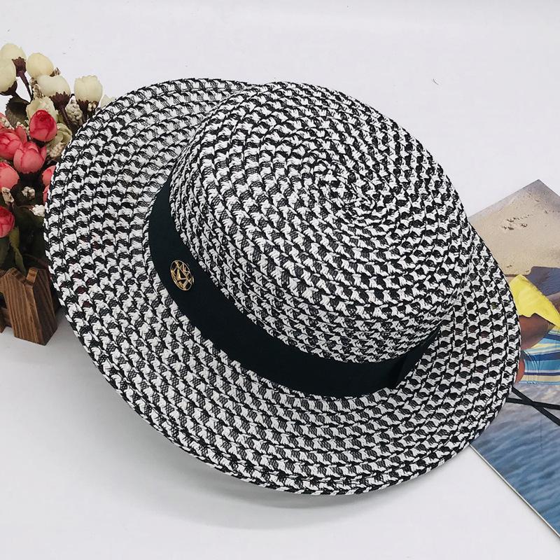 Xiaoxianfu Car and Horse High-end Black and White Plaid Wide-brimmed Flat-top Hat Women's Hat Spring and Summer Straw Hat Sun Hat Direct Supply