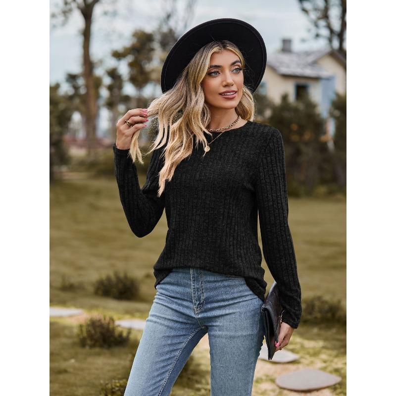 HNXC Damenmode, lässig, einfarbig, langärmelig, O-Ausschnitt, Blusen und Hemden