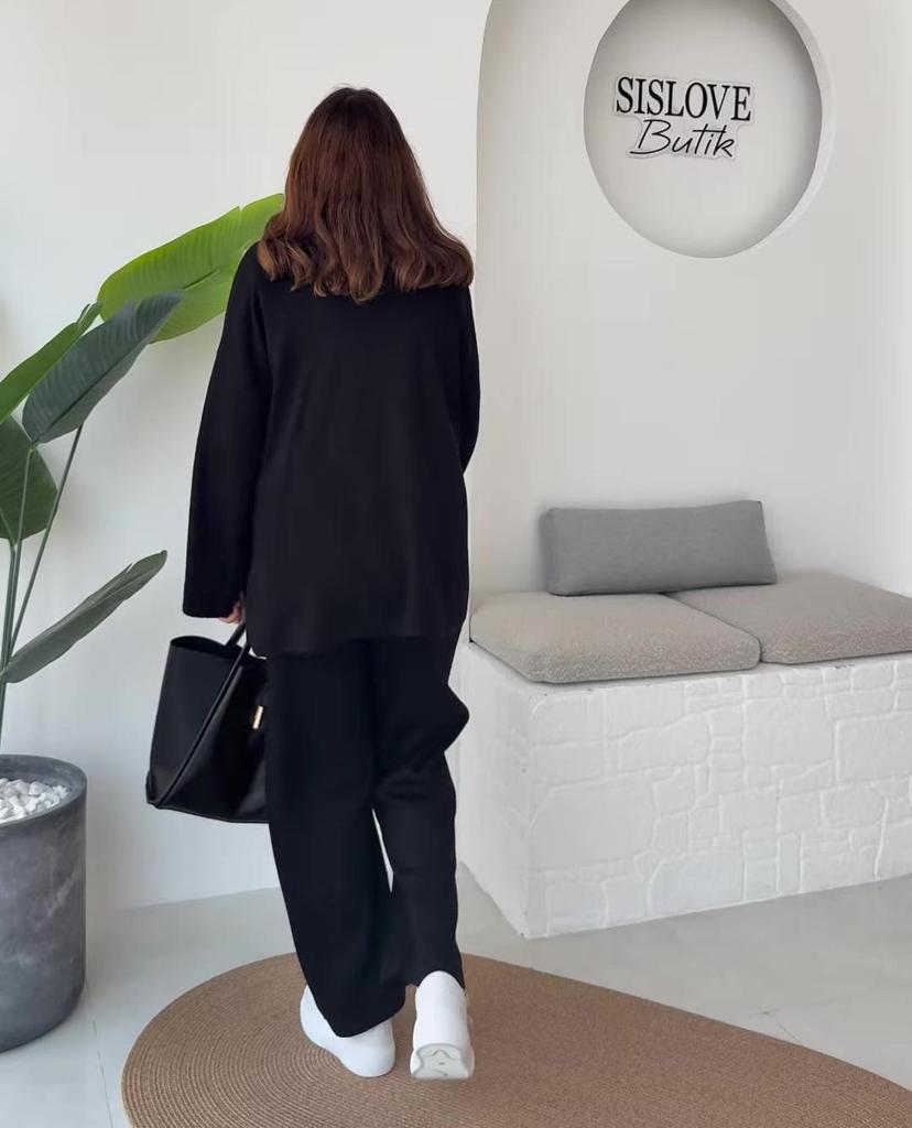 2025 Autumn Women's Crossover Collar Cardigan & Long Pants Set - Solid Color, Long Sleeve, Casual