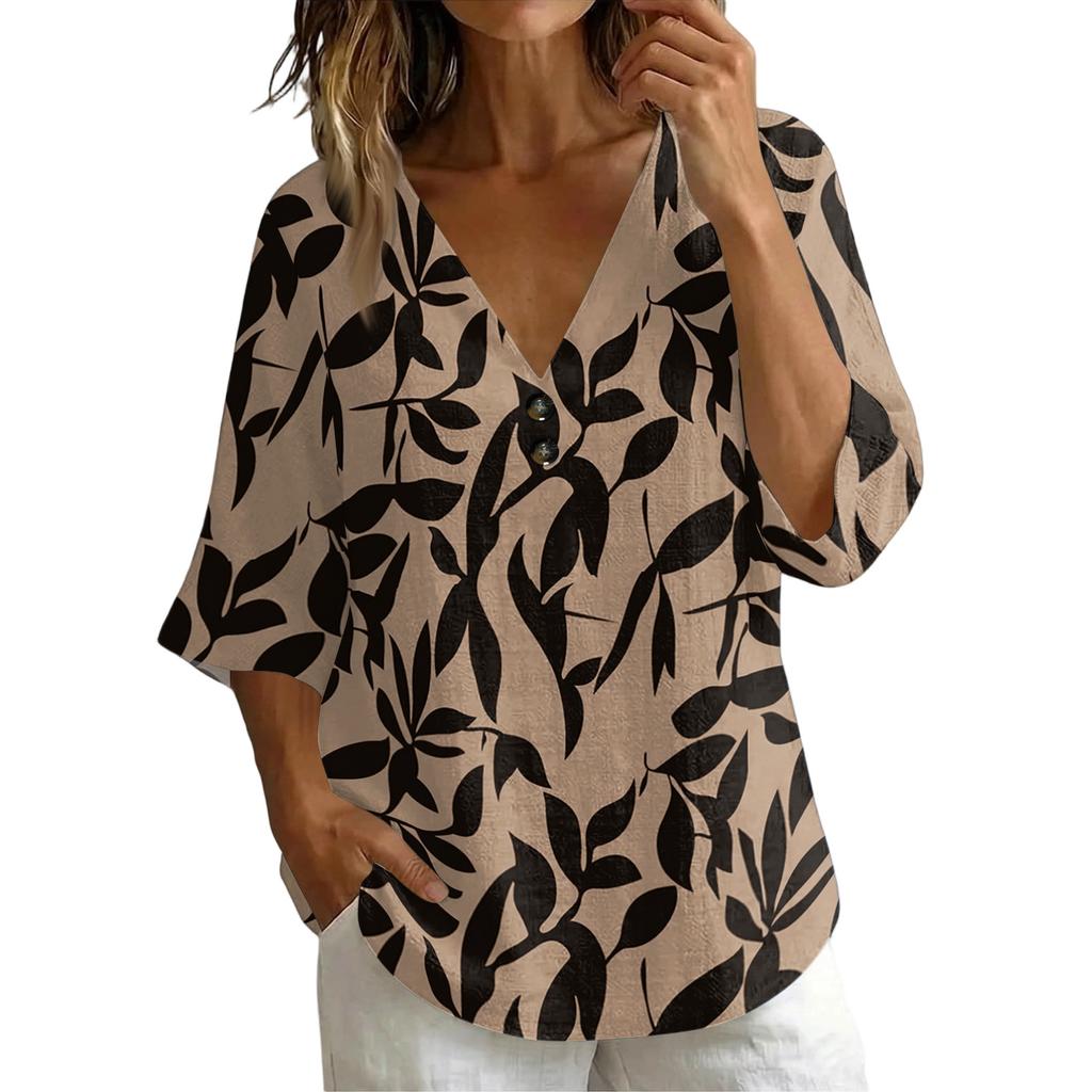 Women V Neck Vintage Floral Print Loose Fit Short Sleeve T Shirt Lightweight Breathable Soft Fabric Casual Top
