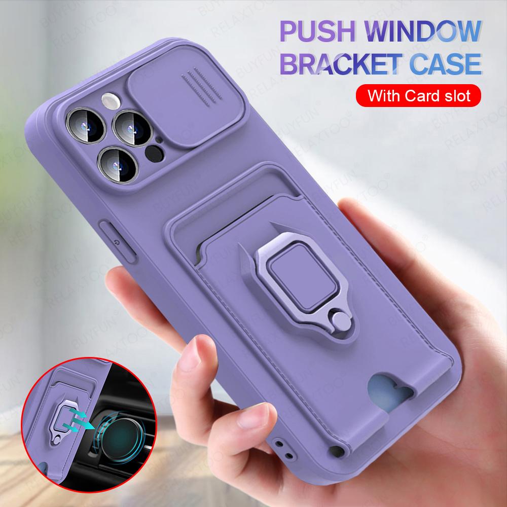iPhone16Pro Max Case Car Magnetic Holder Sliding Lens Protection Cover For iPhone 16 Pro Max 16Pro TPU Card Slot Bumper Coques