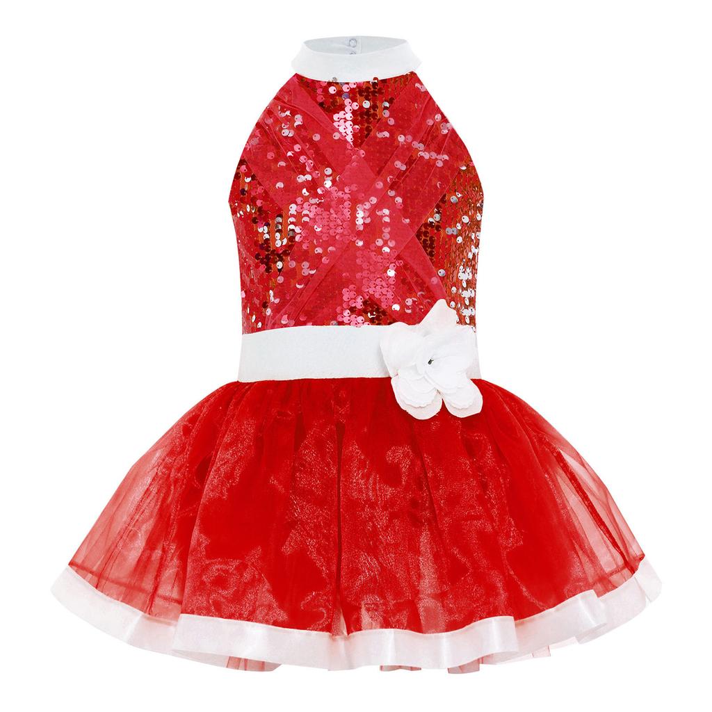 Girls Shiny Sequins Layered Tulle Ballet Dance Dress Sleeveless Cutout Back Tutu Dress Built In Briefs Skirt
