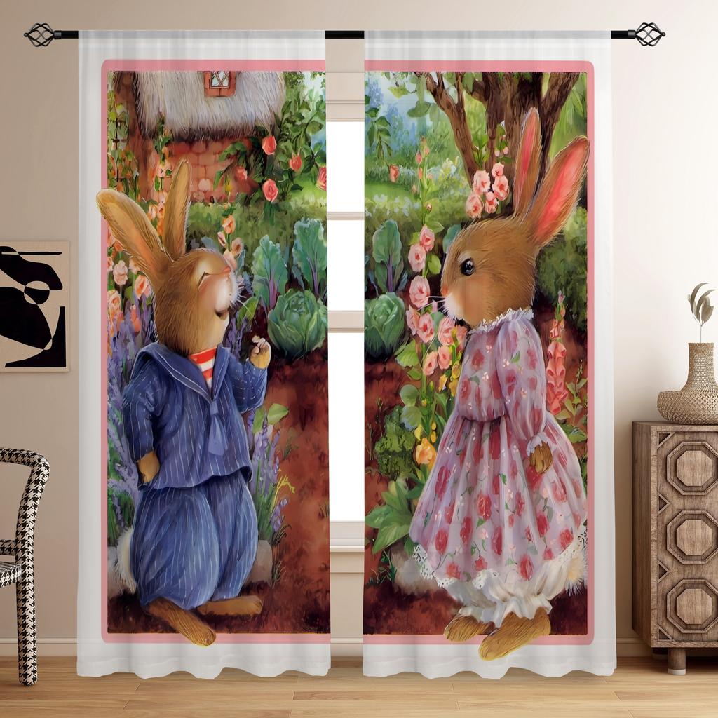 Set Easter Rural Rabbit Couple Print Design Semi-transparent Curtains Living Room Game Interior Room Bedroom Multi-scene Polyester
