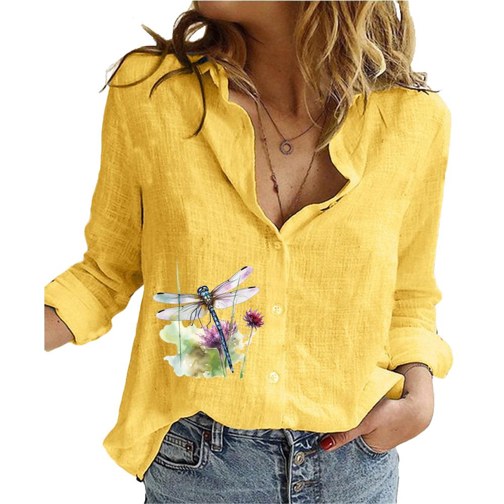 

Женская мода Хлопково-льняная рубашка Лето/осень Топ с длинным рукавом Женские блузки с принтом 5XL жёлтый