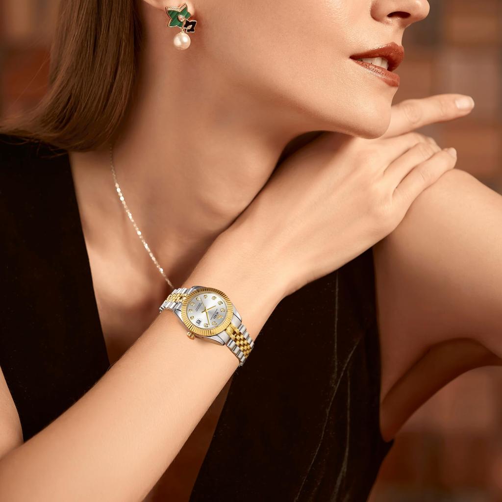 BUREI Women's Watch Japanese Quartz Analog Waterproof Silver Diamond Dial Stainless Steel Business Ladies Watch Popular Stylish Simple Cute Gift for