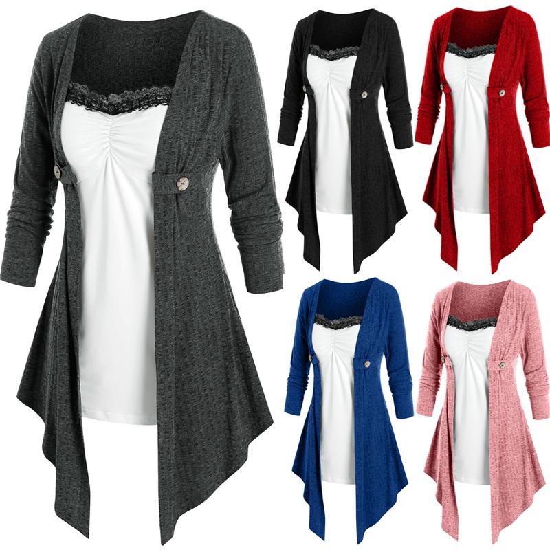 

Женская кружевная вставка Драпированная блузка Повседневный длинный рукав Возлюбленная Шея Нерегулярная туника Пуловер