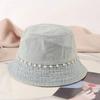 Korean Style Denim Bucket Hat With Pearl Trim For Women Vintage Streetwear Short Brim Sun Hat