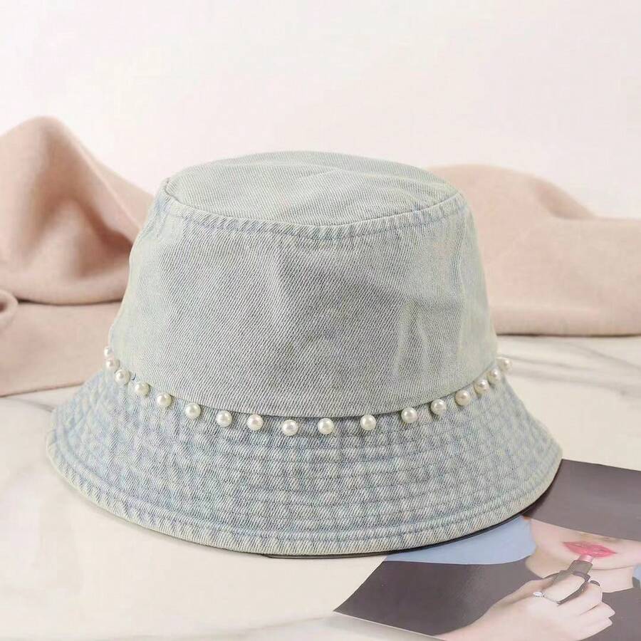 Korean Style Denim Bucket Hat With Pearl Trim For Women Vintage Streetwear Short Brim Sun Hat