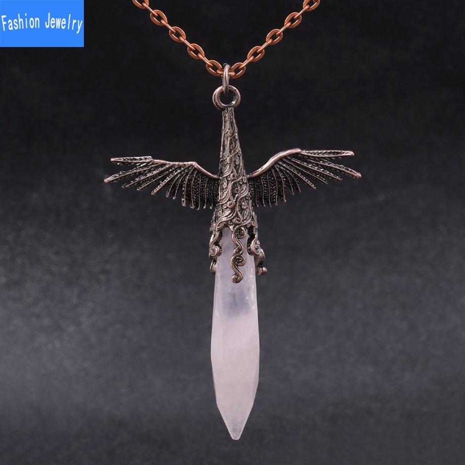 Natural crystal stone faceted hexagonal column retro winged pendant necklace European and American accessories