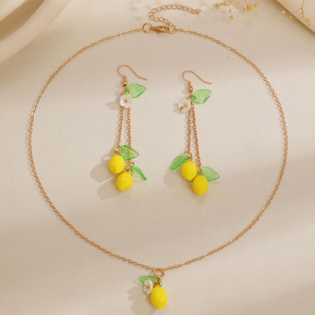 Fresh Lemon Fruit Dangle Earrings Pendant Necklace Matching Jewelry Set Summer Fruit Themed Accessory for Women