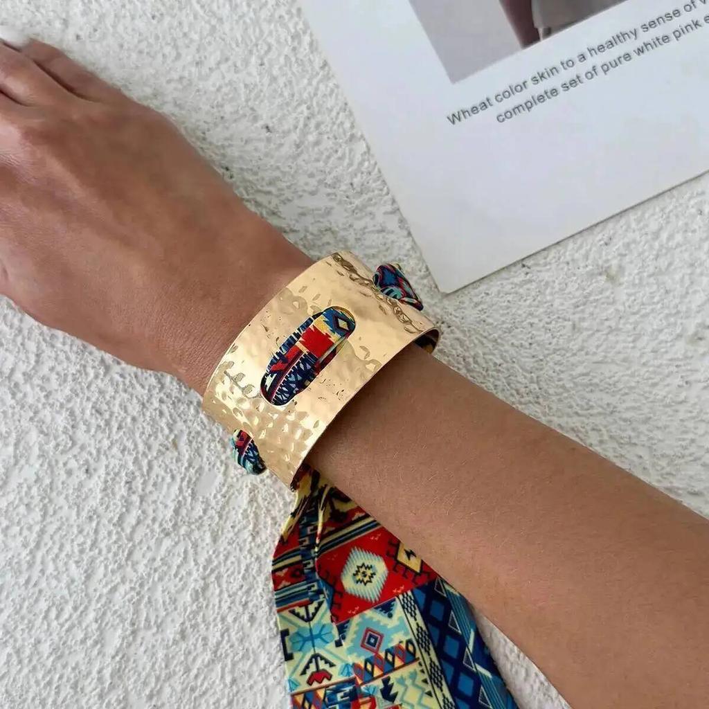 IngeSight.Z Creative Colorful Ethnic Style Wristband Metal Bracelet Women Classic Pleated Scarf Wrapped Open Bangle Jewelry 2026