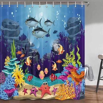 Cortinas de Chuveiro Infantis Peixes do Oceano Azul Debaixo do Mar Tartaruga Tropical Decoração de Banheira para Casa Conjunto de Cortinas para Banheiro Infantil com Ganchos