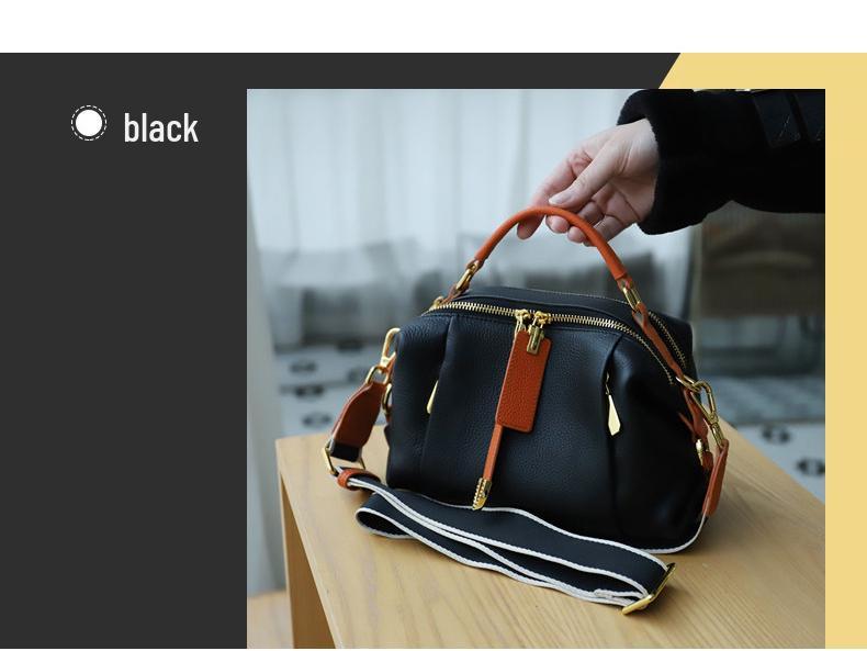 Korean Style Versatile Women's Handbag - Top Layer Cowhide, Color Blocking, Sequined Boston Shoulder Bag