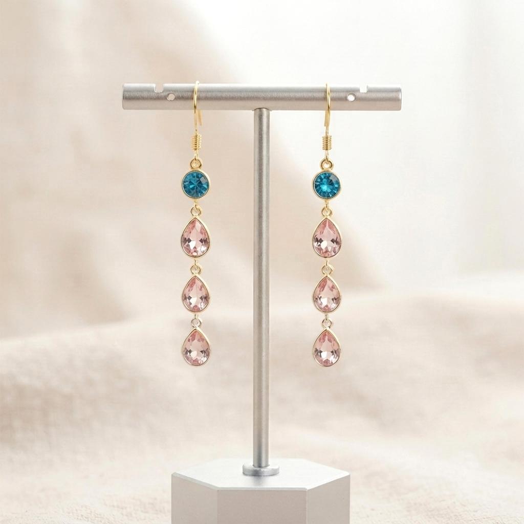 Pink and Blue Zircon Earrings 925 Sterling Silver Gold Plated Teardrop Dangle Earrings for Women, Elegant Party Wedding Jewelry