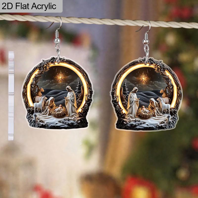 2D Flat Christmas Earrings Acrylic Pendant Earrings with Nativity Scene Pattern Christmas Accessories Gifts