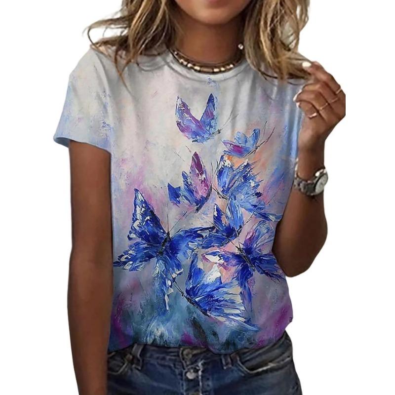 Summer Round Neck 3D Feather Animal Simplicity Print Top Fashionable Casual Short Sleeved Women's T-shirts