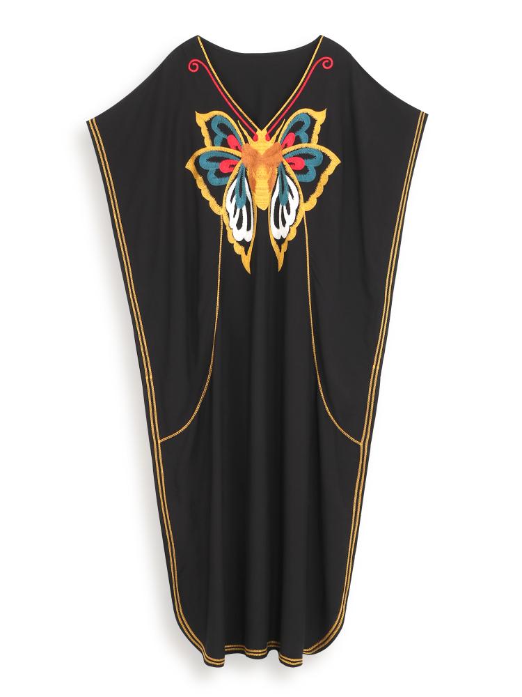 EDOLYNSA Plus Size Schwarz besticktes Kaftan Schwarzes Sommer Langes Strandkleid Damen Homewear Outfit Badeanzug Cover Up Loose Caftan