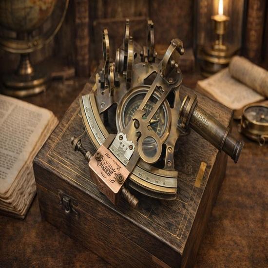 Brass Sextant Compass with Wooden Box Nautical Maritime Navigation Instrument Handcrafted Sailor