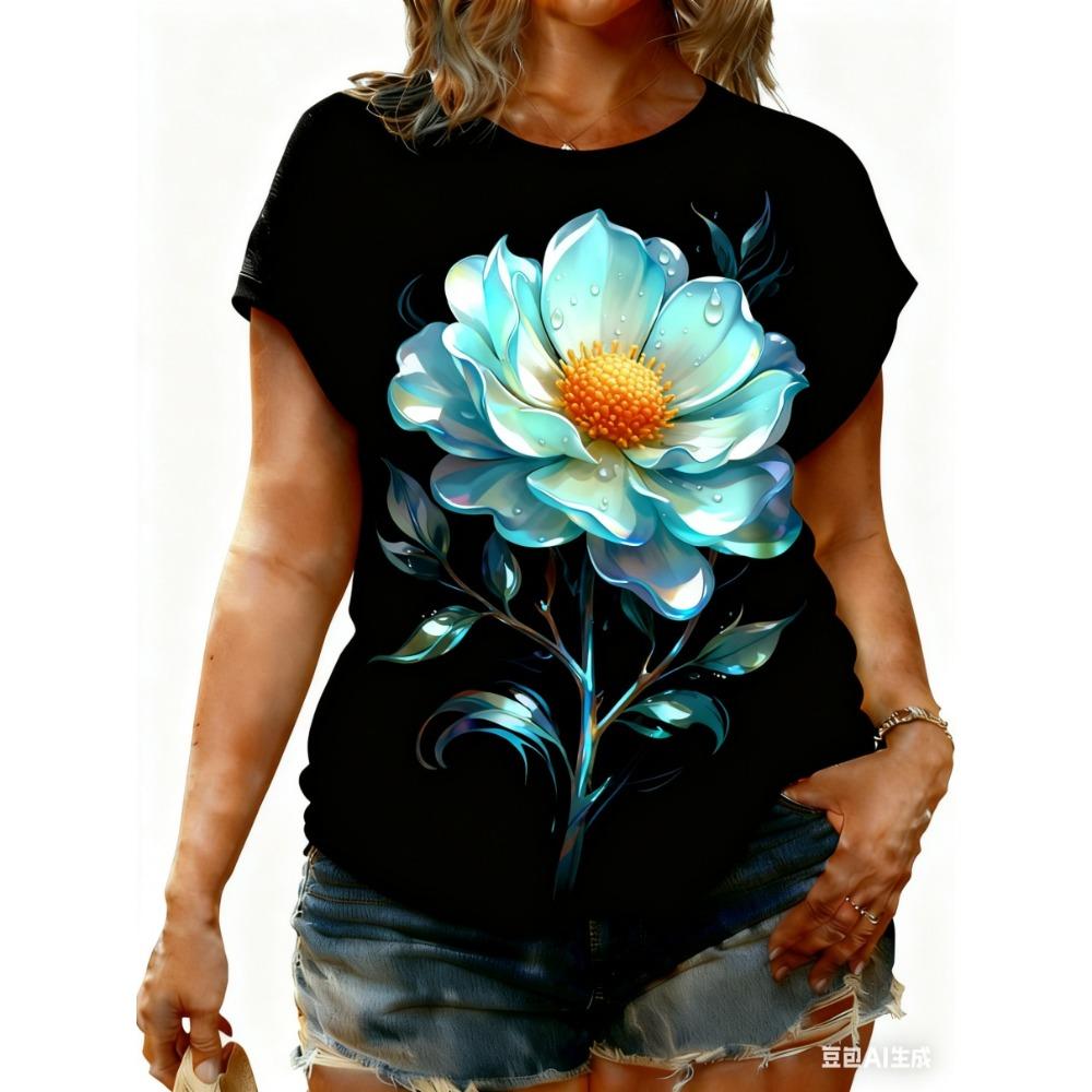 Tricouri de damă mărime mare XL-7XL Tricou de damă cu gât rotund, la modă, cu patchwork floral și imprimeu colorat, cu mânecă scurtă