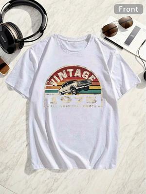 New T-Shirt-Plus Size Men's T-Shirt - Vintage 1975 Classic Car Graphic, Casual Crew Neck,