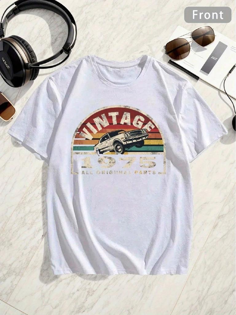 New T-Shirt-Plus Size Men's T-Shirt - Vintage 1975 Classic Car Graphic, Casual Crew Neck,