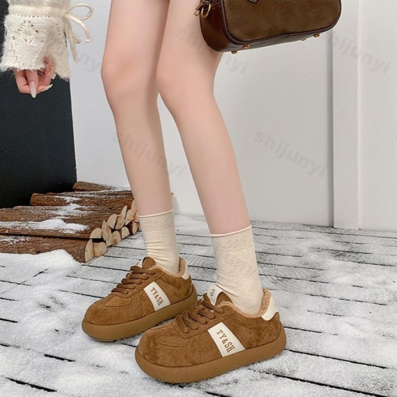 Winter  Vintage Warm Low Top Thick Sole Cotton Shoes for Women Color Blocked Versatile Plush Comfortable Chunky Sneakers