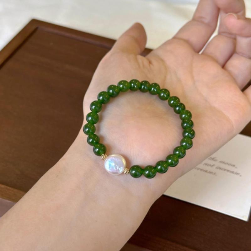 Natural Freshwater Freshwater Pearls & Green Agate Chalcedony Bracelet - Round Button Beads Chinese-Inspired Jewelry Gift